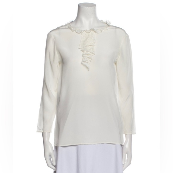 Miu Miu 2012 Collection Lace Ruffle Neck 3/4 Sleeve Ivory Silk Blouse IT 40/US 4 - Picture 1 of 13